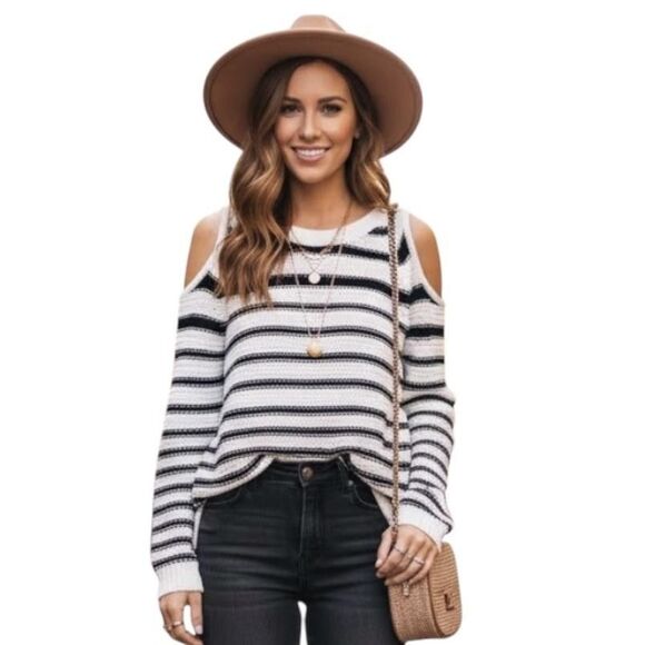La Classe Couture Sweater Womens XS Black White Striped Cold Shoulder Pullover - Picture 1 of 12